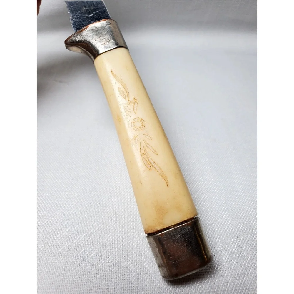 Vintage 1960s Miracle Worker Frozen Food Knife Carved Ivory Floral Handle MCM‎